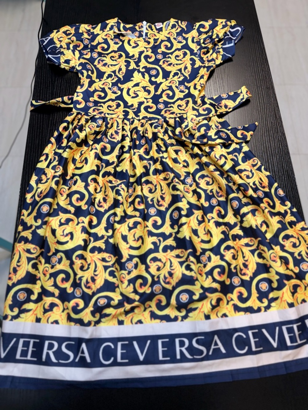Versace Navy and Yellow Scroll-Print Girls' Dress